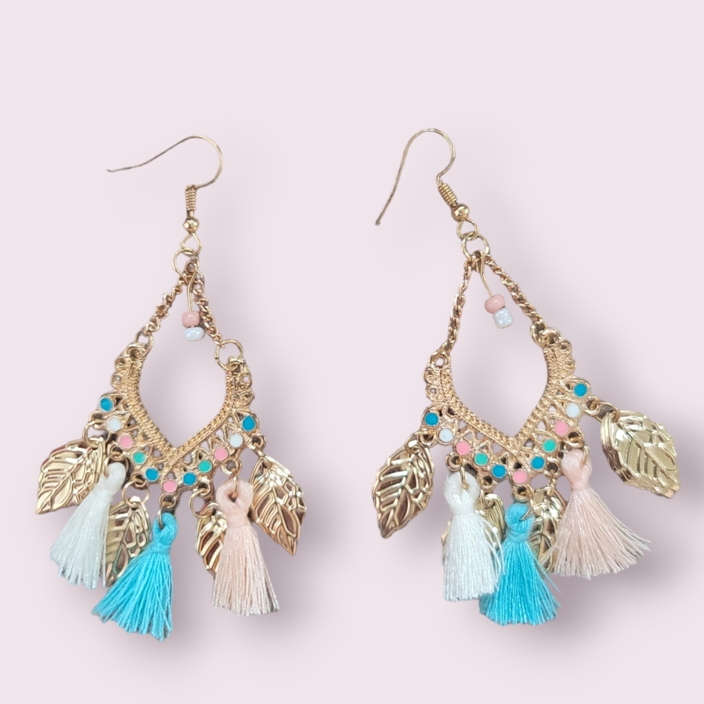 Boho Gold and Blue Tassel Leaf Earrings